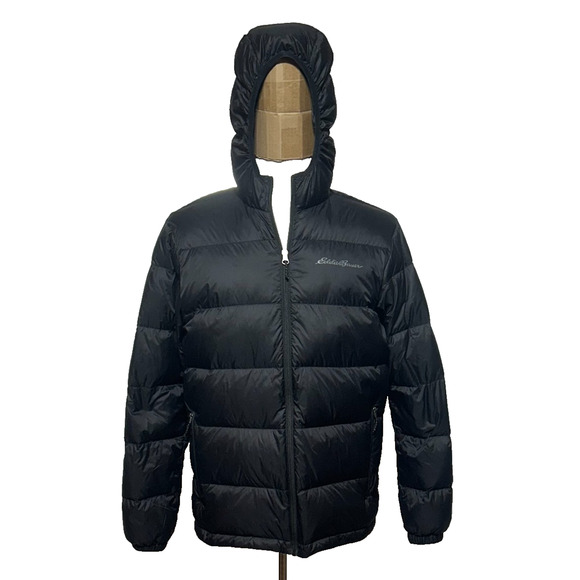 Eddie Bauer Puffer Jacket Coat Mens Medium Black Down Insulated Hooded Full Zip - Picture 1 of 12